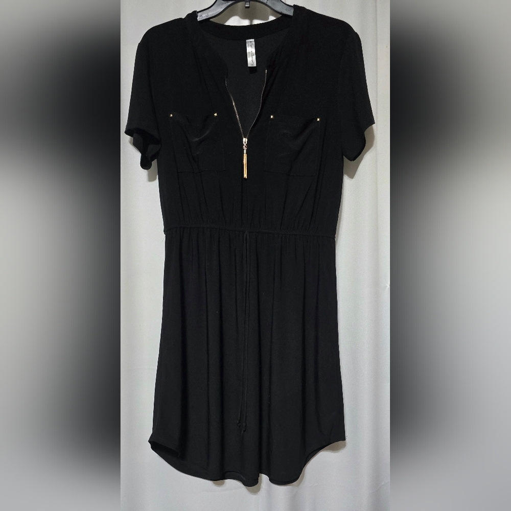 PerSeption Concept Womens Black Dress w/Gold Tassel Zip & Front Pockets Size M